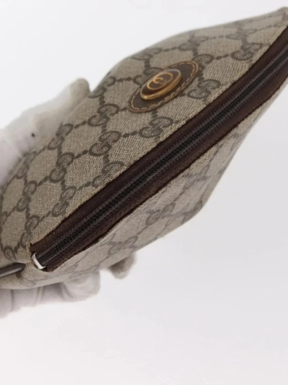 GUCCI GG Canvas Pouch PVC Leather Beige Gold 378 039 4492 Auth ti3588